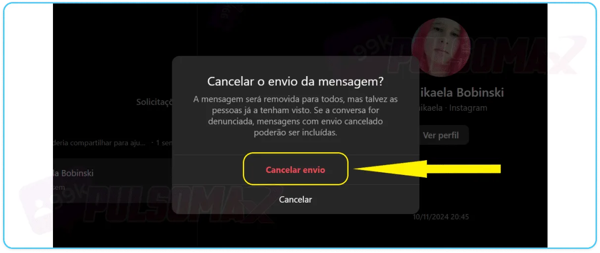 Cancel sending confirmation from Instagram web.
