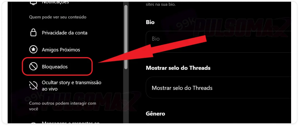 Opção bloqueados Instagram Web.