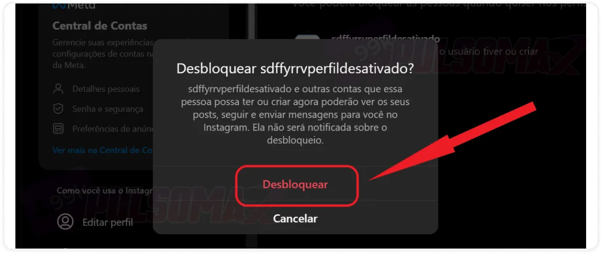 Confirmação de desbloquear no Instagram.