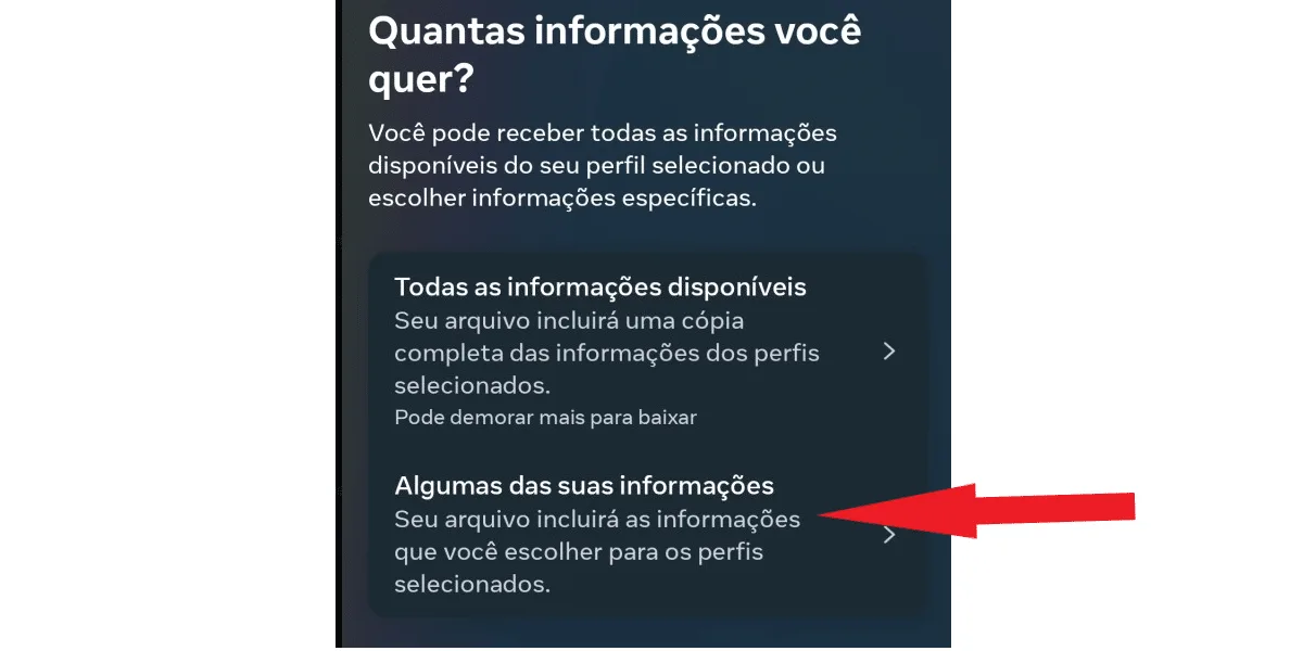Screenshot showing where to click to download only some Instagram information.