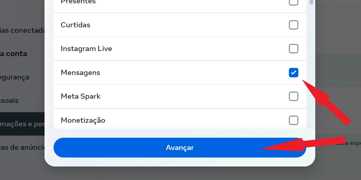 Screenshot showing how to select only messages to download data from Instagram Web.