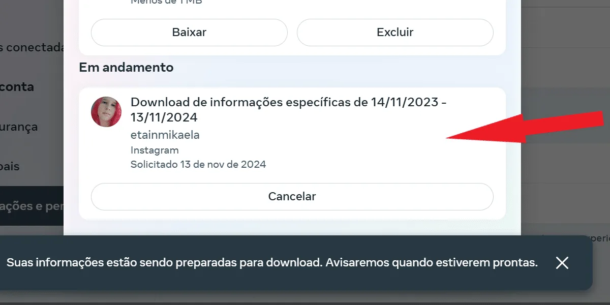 Screenshot showing a file being processed for download on Instagram Web.