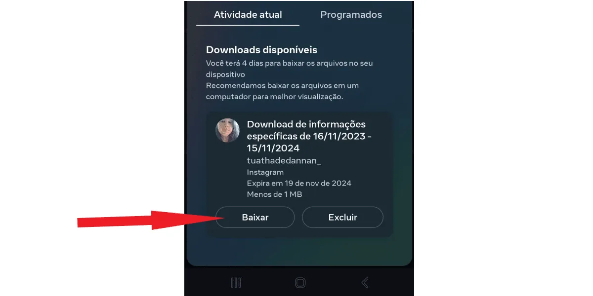 Screenshot showing where to click to download a file with Instagram information.