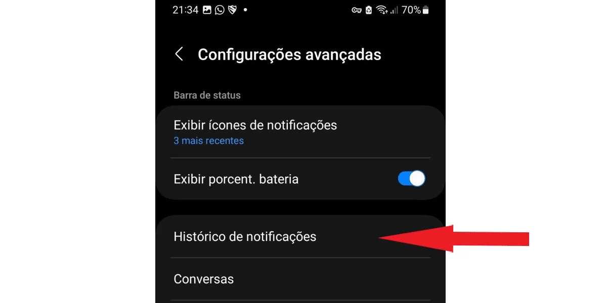 Screenshot showing where the notification history is located in the advanced settings.