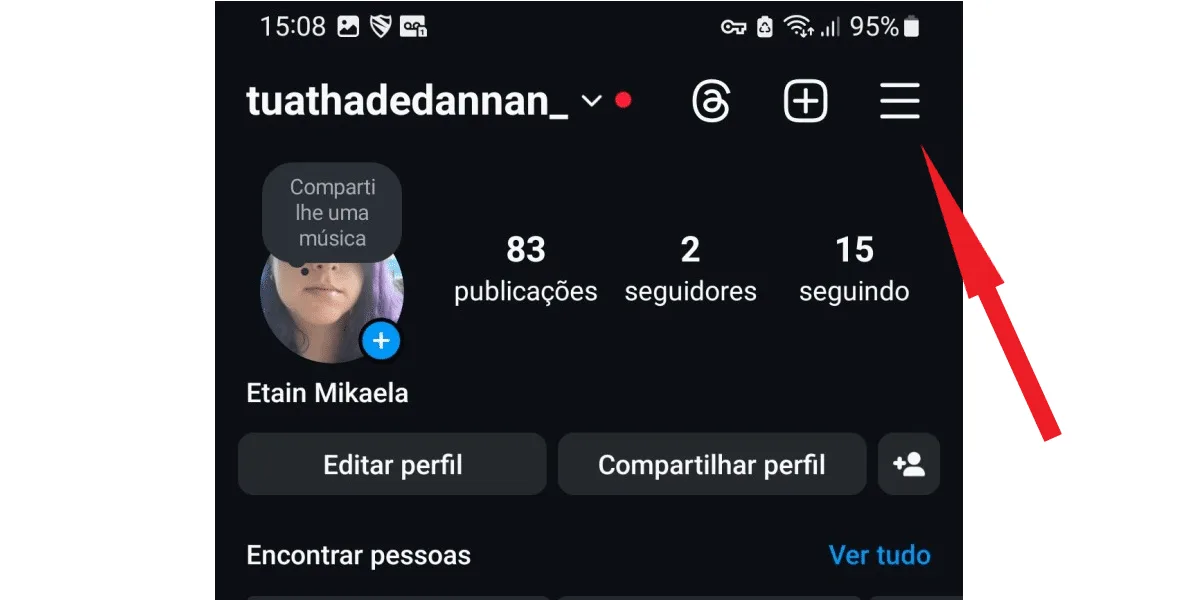 Screenshot from Instagram showing the location of the 3-line button, which opens the settings.