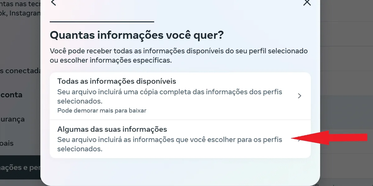 Screenshot from Instagram Web showing where to tap to download only some information.