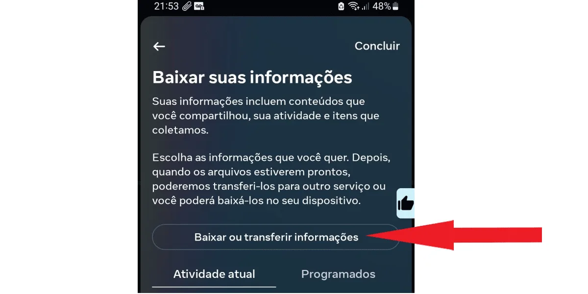 Screenshot showing where to click to download or transfer information from Instagram.