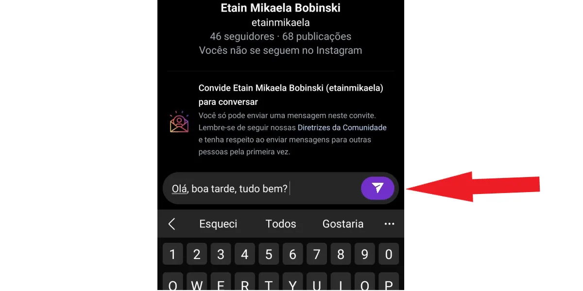 Screenshot of a Direct Message on Instagram showing the location of the blue send message icon.