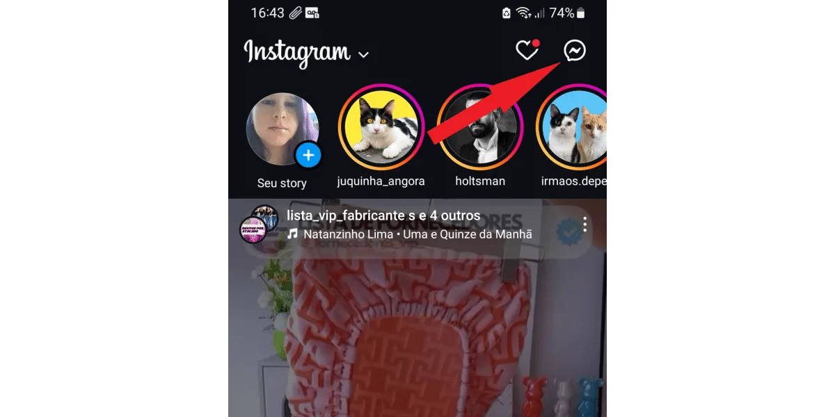 Screenshot of an Instagram profile with an arrow indicating where the direct messages are located.