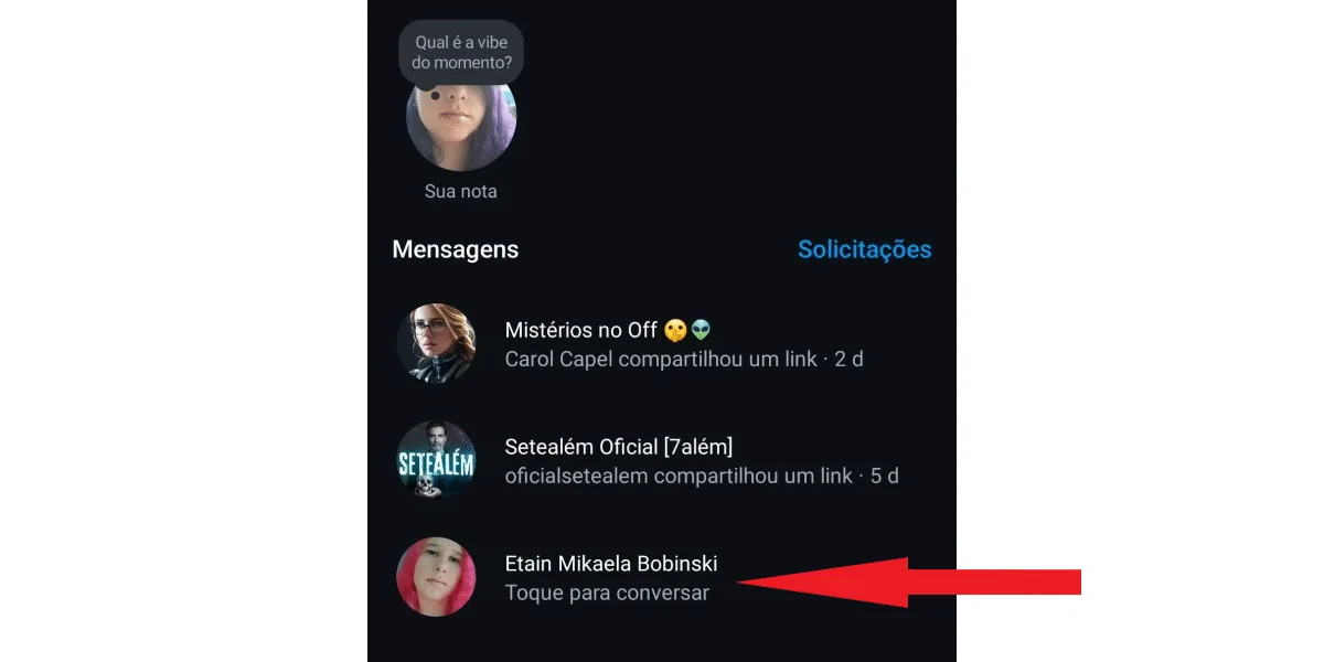 Screenshot of an Instagram Direct message with an arrow indicating a conversation with another user.