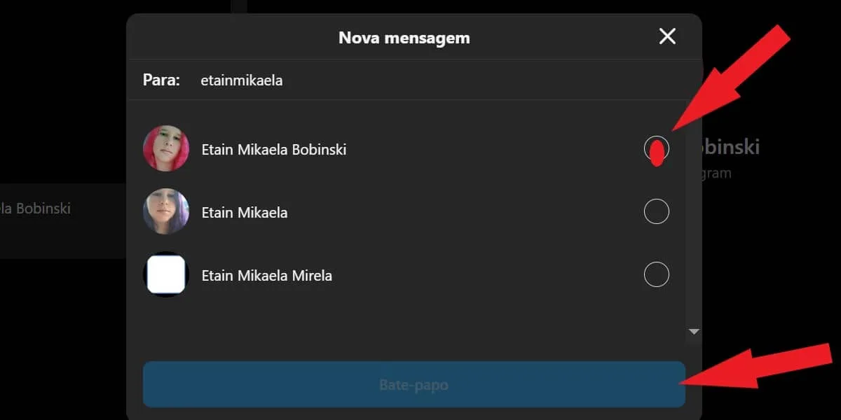 Screenshot showing how to select a profile to chat with on Instagram Web.