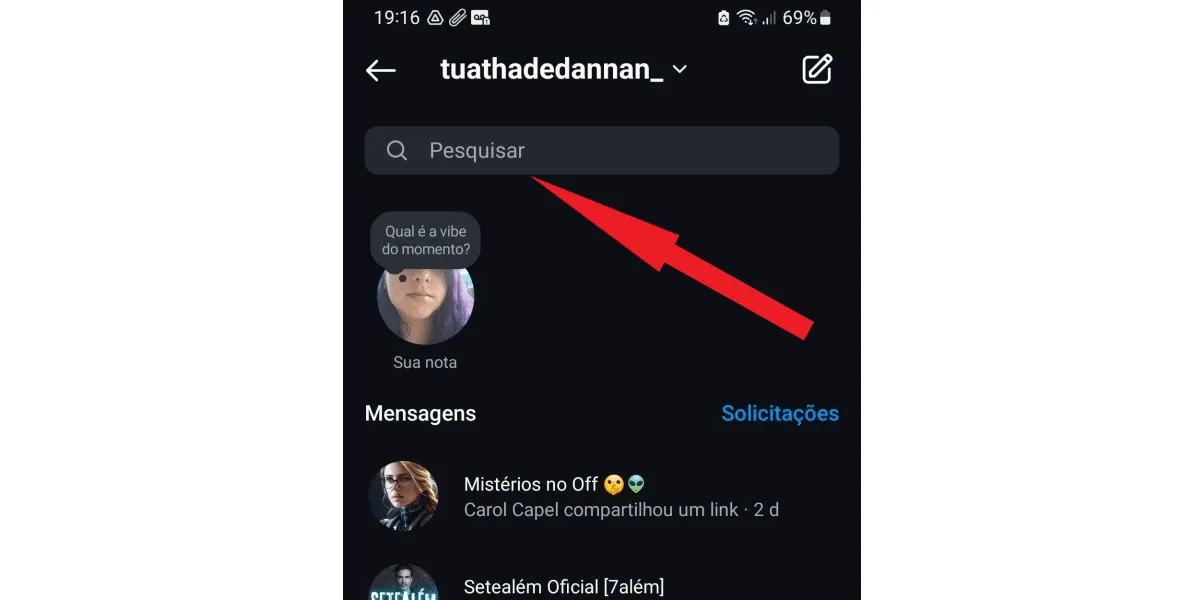 Screenshot of a Direct Message on Instagram showing the location of the search tab.