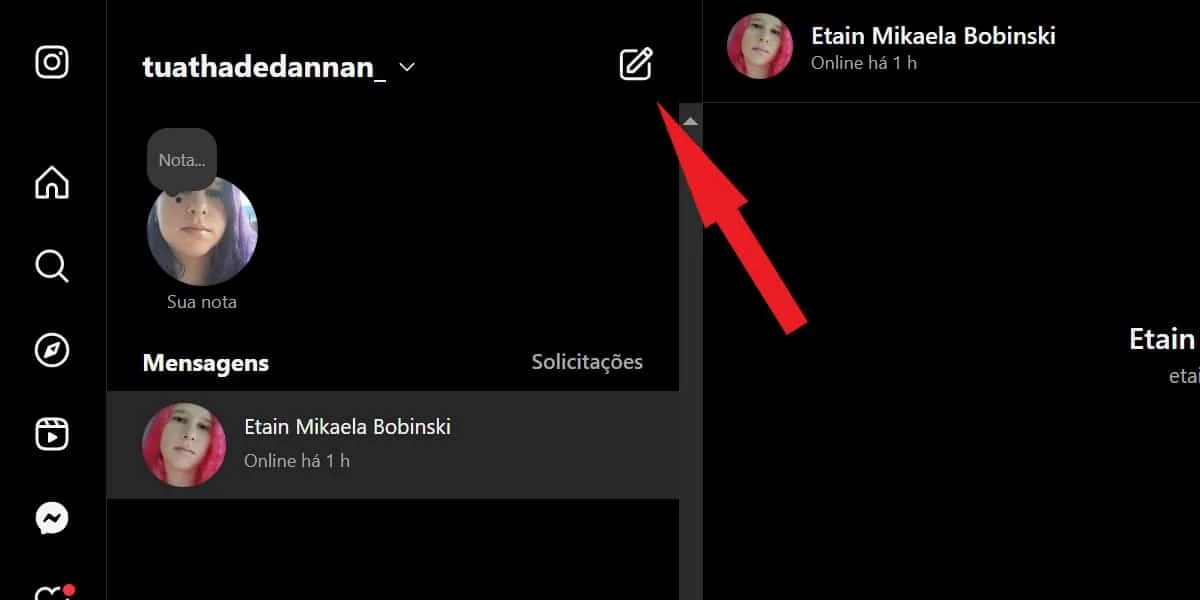 Screenshot from Instagram showing where to search for a contact on Instagram Web. Image: what is direct on Instagram.