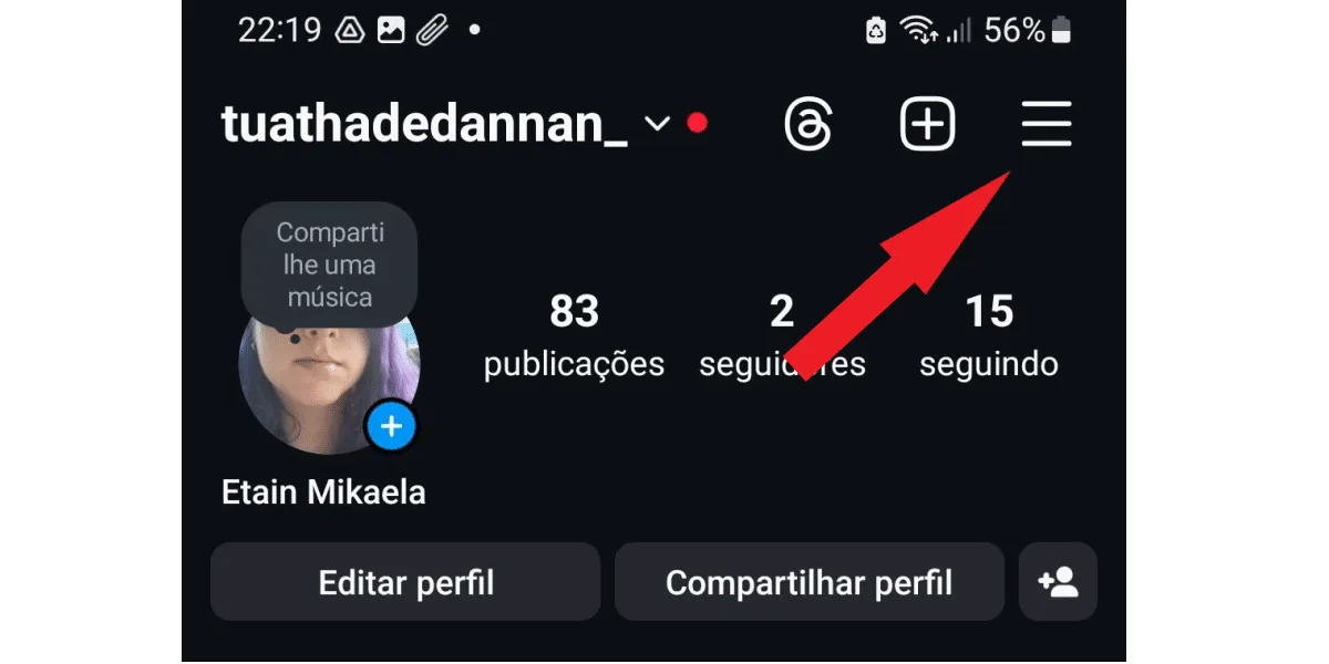 Screenshot from Instagram showing where the 3-line button is located.