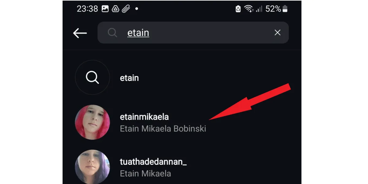 List of profiles being displayed in the Instagram search tab.