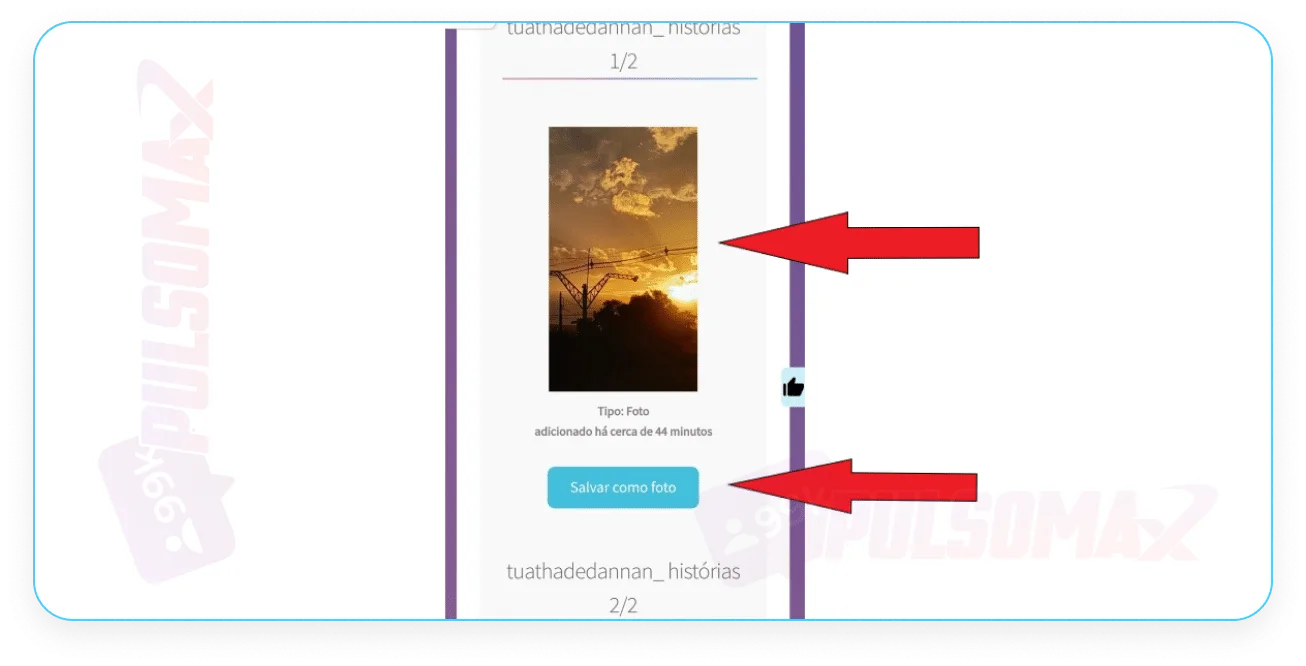 Screenshot showing the story preview in Story Saver and where to click to save.