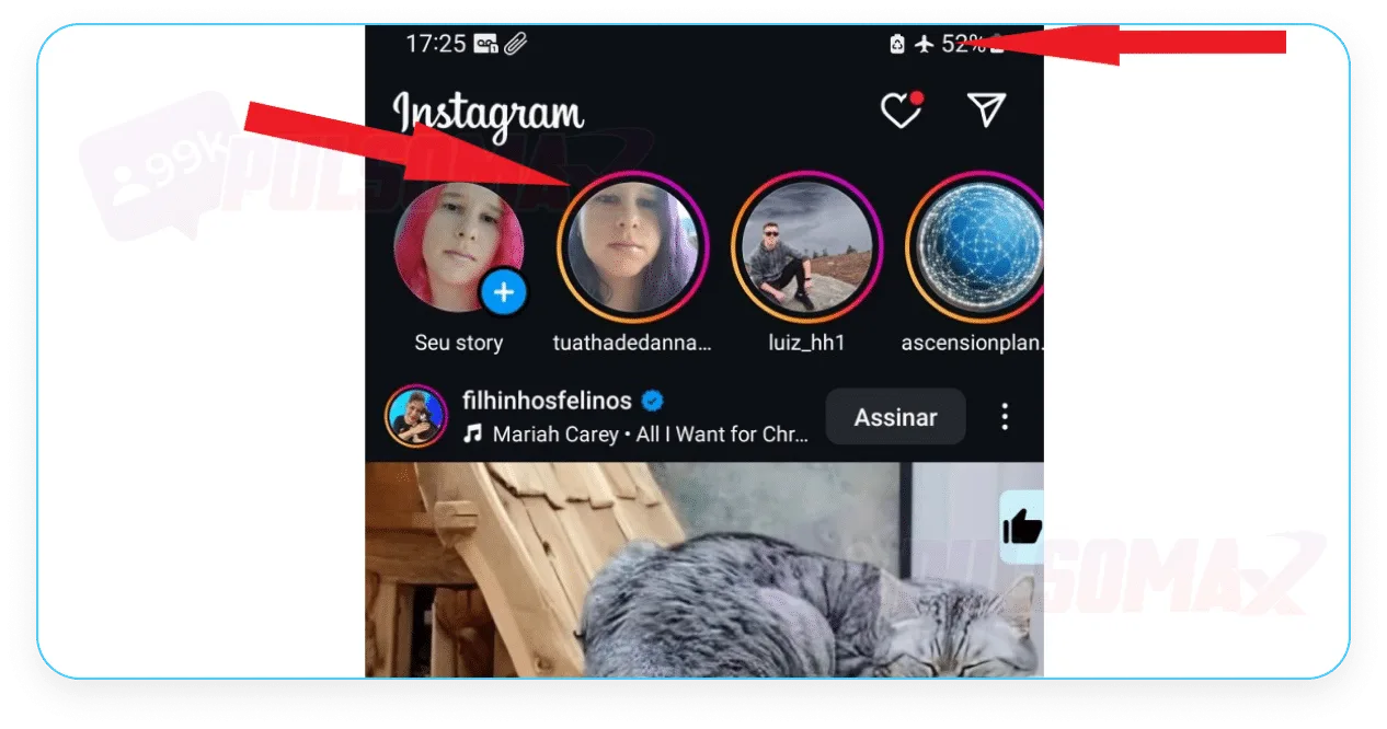 Screenshot showing the Instagram stories bar with airplane mode enabled.
