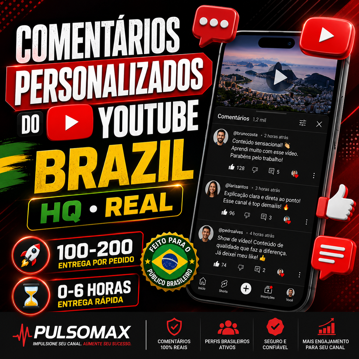 Comentários personalizados do YouTube 𝐁𝐑𝐀𝐙𝐈𝐋 [𝐇𝐐~𝐑𝐞𝐚𝐥] ☛ [🚀100-200] [⏳0-6 horas]