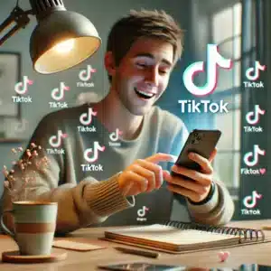 Rapaz sentado na mesma, mexendo no celular e ganhando vários seguidores no Tiktok