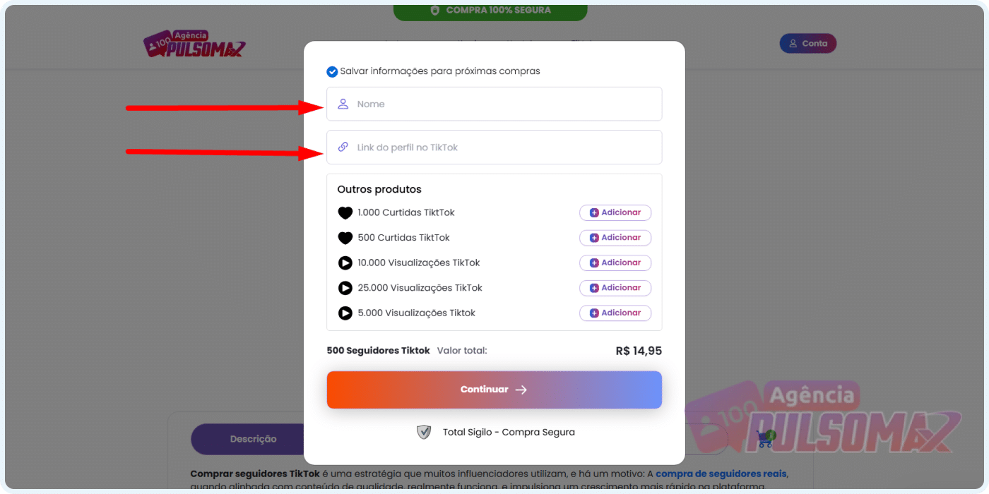 Popup do site PulsoMax solicitando nome e link do TikTok para entrega de seguidores