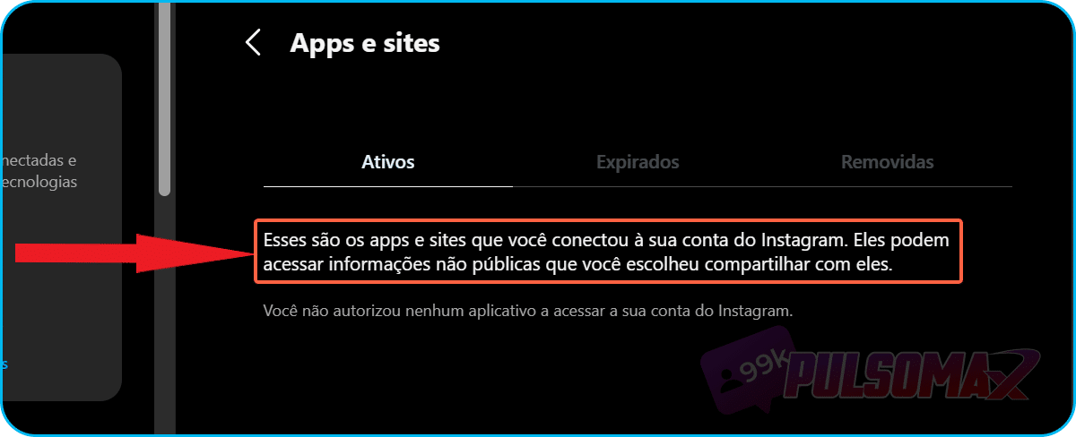 Lista de apps e sites no Instagram Web.