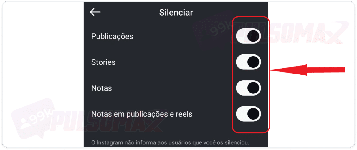 Opções de silenciar no Instagram.