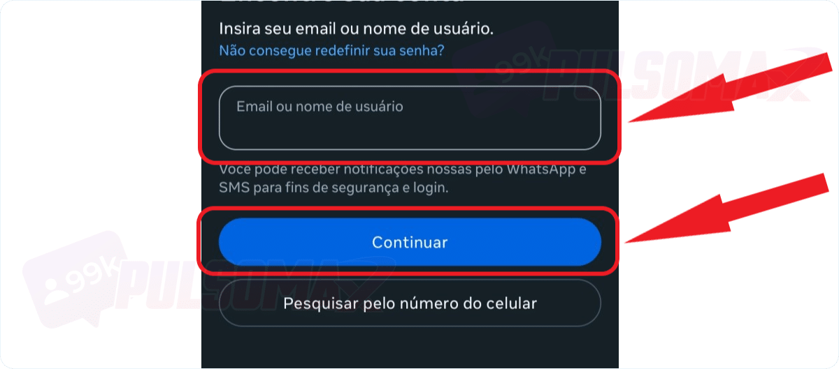 Insira nome de usuário, telefone ou e-mail, para mudar senha do Instagram