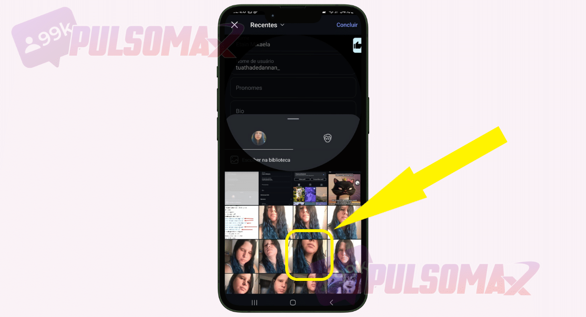 Escolhendo sua foto de perfil na galeria do celular, Instagram