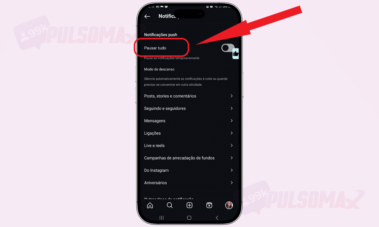 Pausar todas as notificações, Instagram