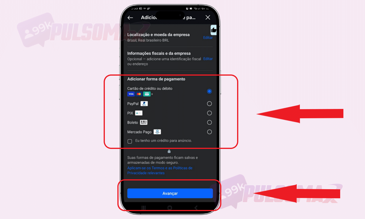 Escolhendo formas de pagamento anúncios Instagram