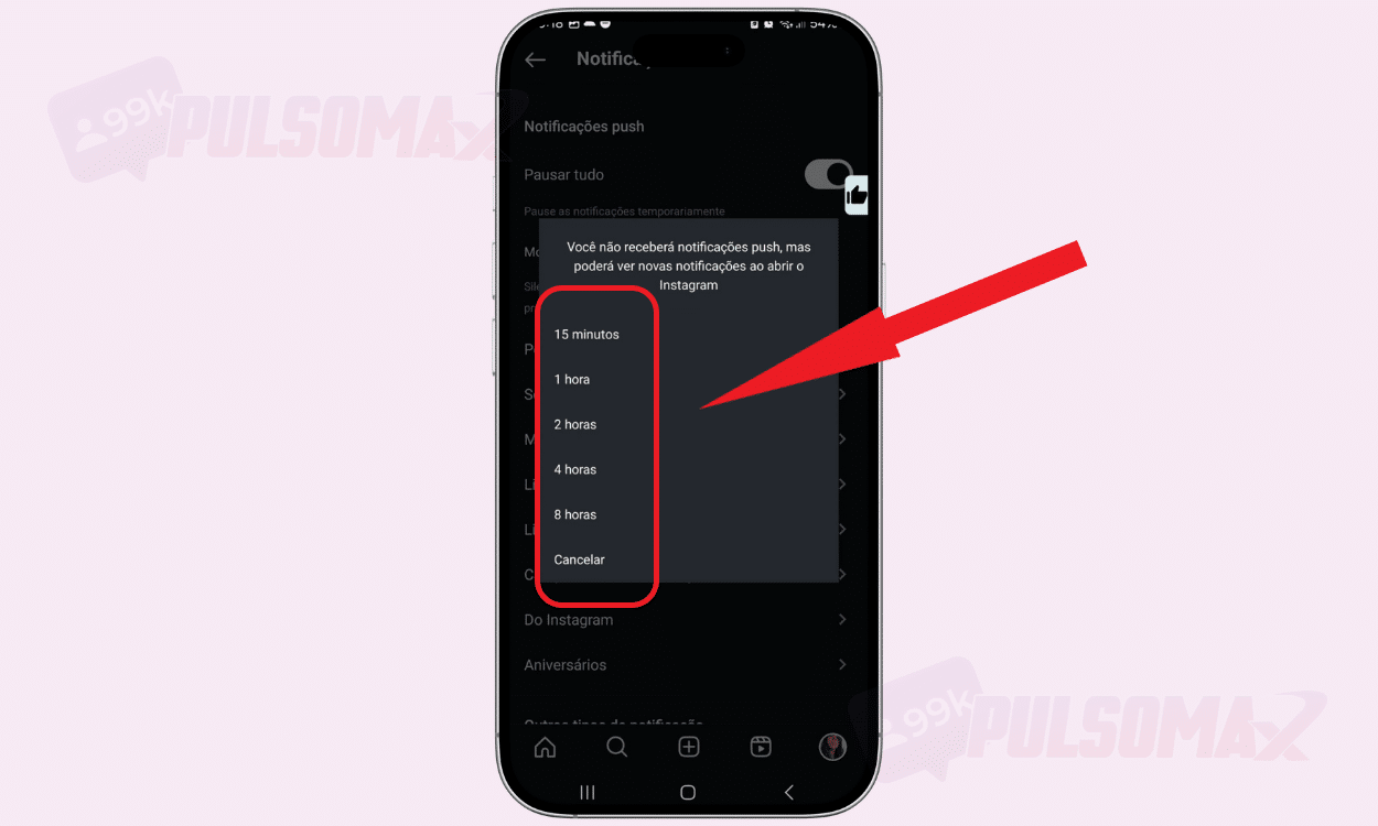 Escolhendo tempo de pausa, notificações Instagram. Como colocar modo silencioso no Instagram.
