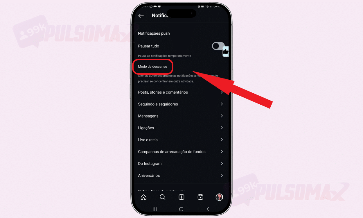 Opção modo de descanso, silenciar notificações Instagram