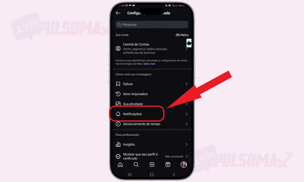 Aba notificações no Instagram