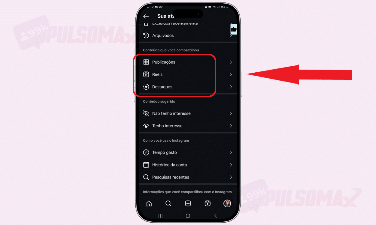 Publicações, reels, destaques - sua atividade Instagram