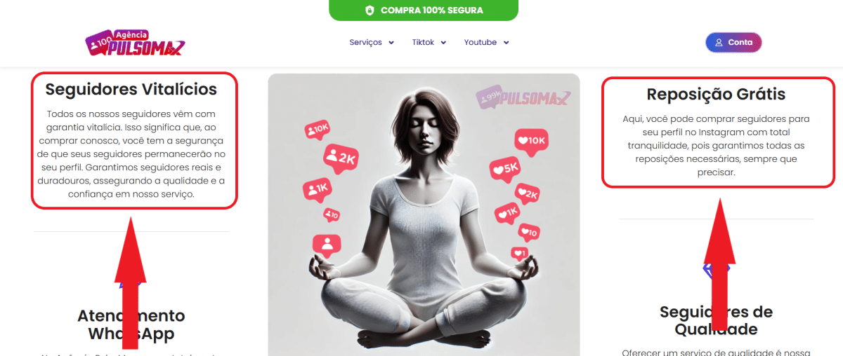 Como funcionam os prazos e garantias para reposi&ccedil;&atilde;o de seguidores comprados para Instagram? Print mostrando garantias da Pulsomax