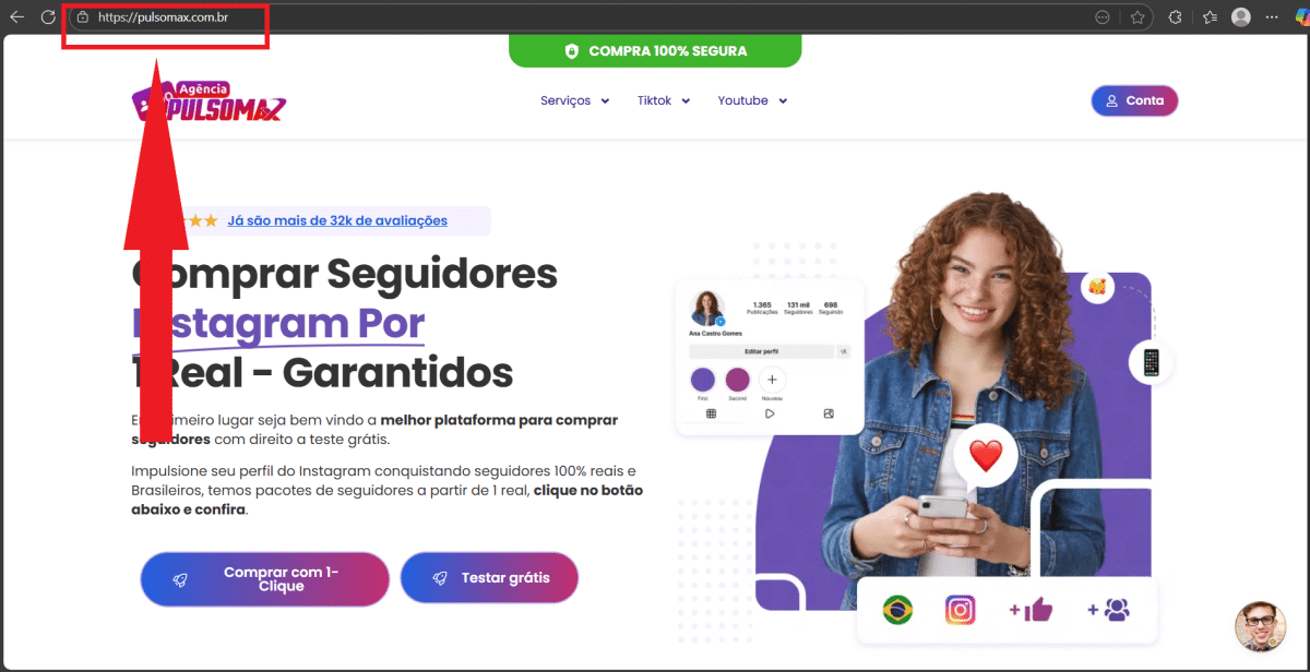 &Eacute; totalmente seguro comprar seguidores para Instagram? Print mostrando certificado SSL no site da Pulsomax